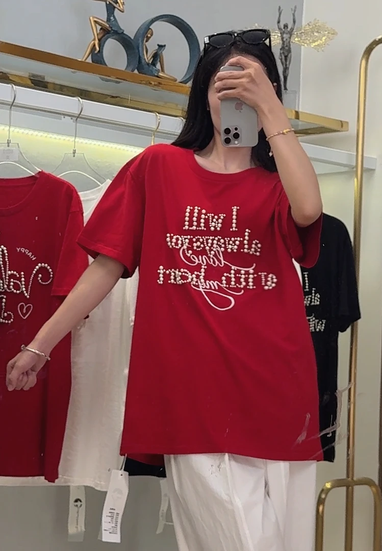 【YIYI】新款夏季T恤轻奢圆领重工设计感休闲显瘦短袖女士短袖-8022