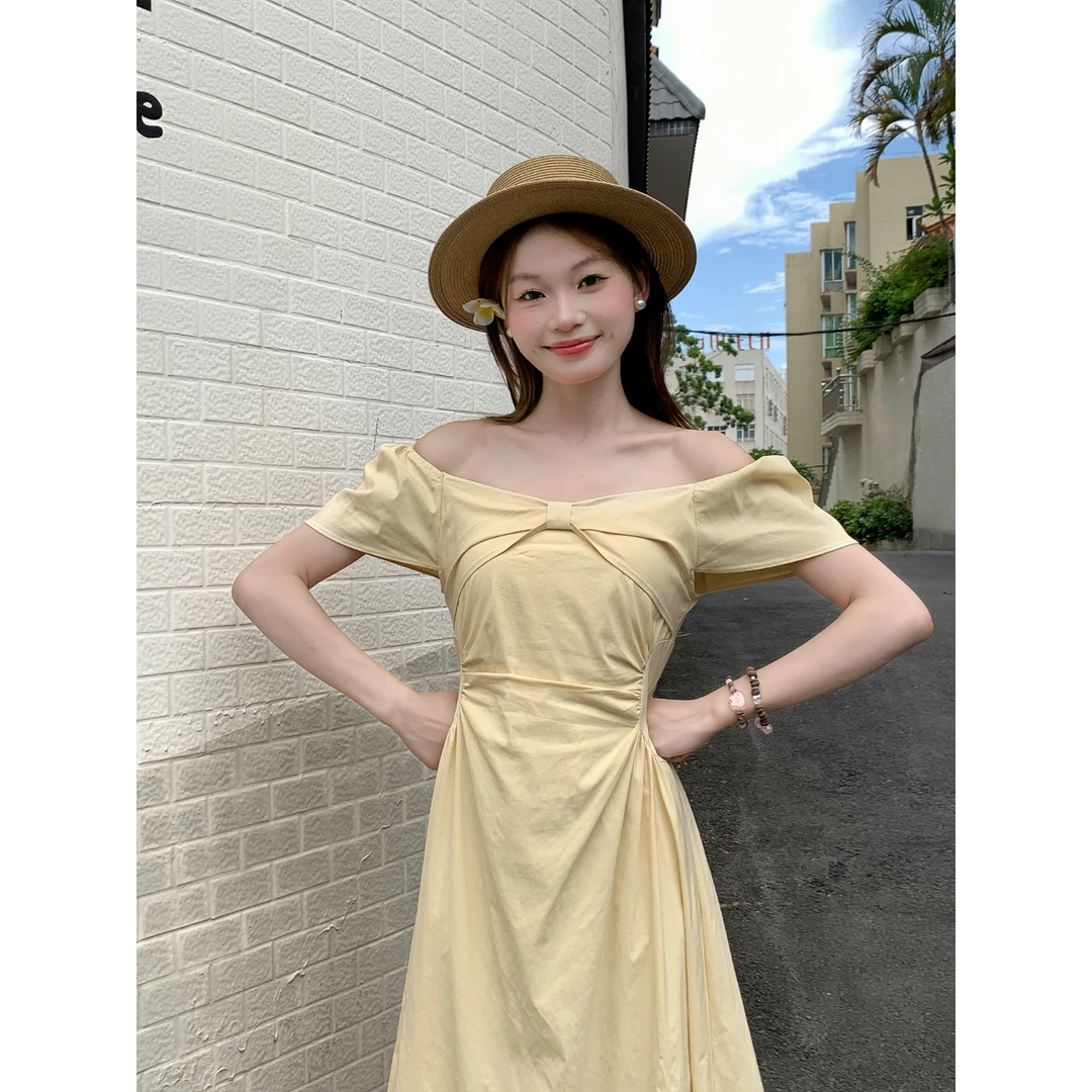 甜美风蝴蝶结设计2025新款休闲显瘦收腰连衣裙女夏季短袖长裙爆款