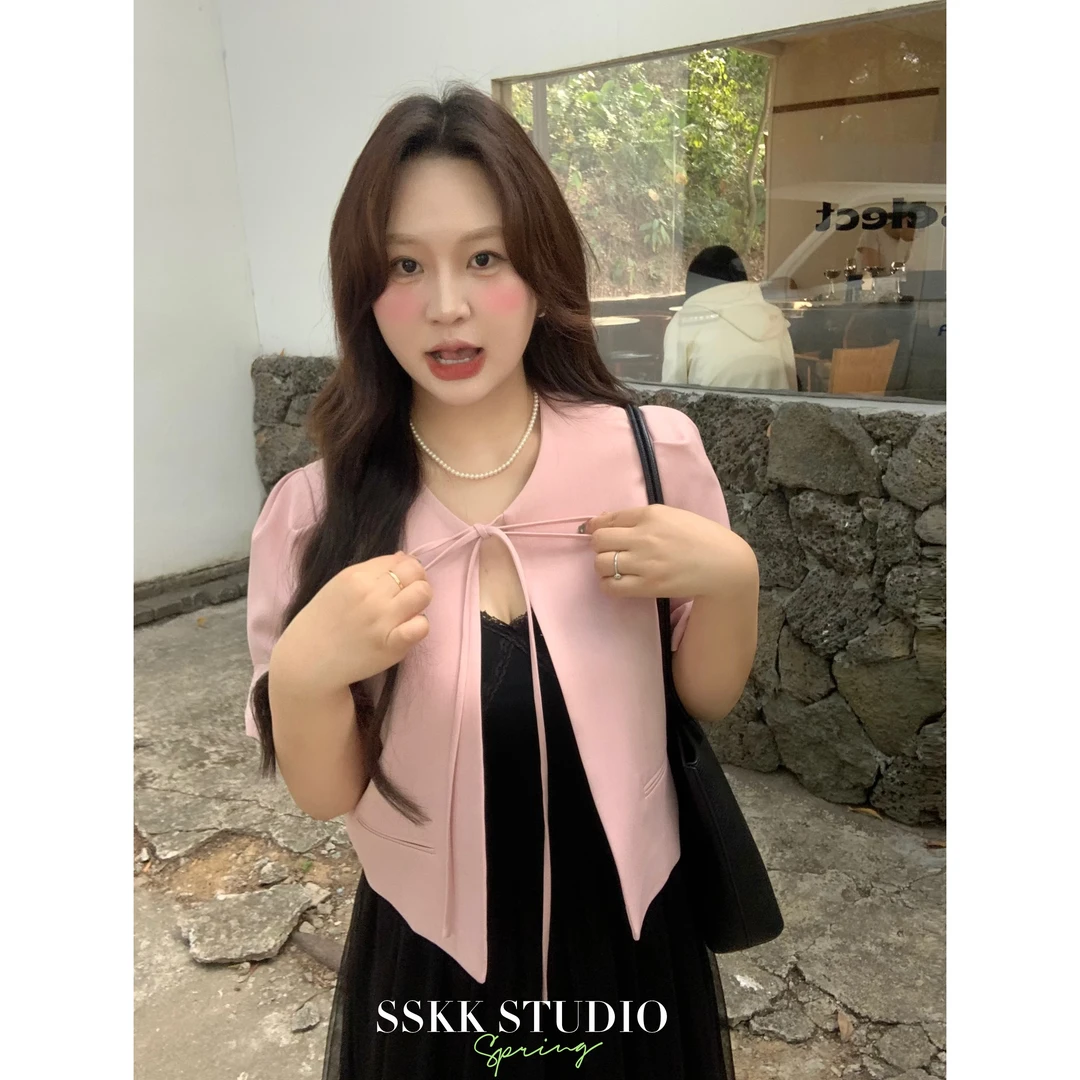 KMZY/KMZY山_山【元气桃桃】微胖女装韩版西装系带蝴蝶结宽松短外套