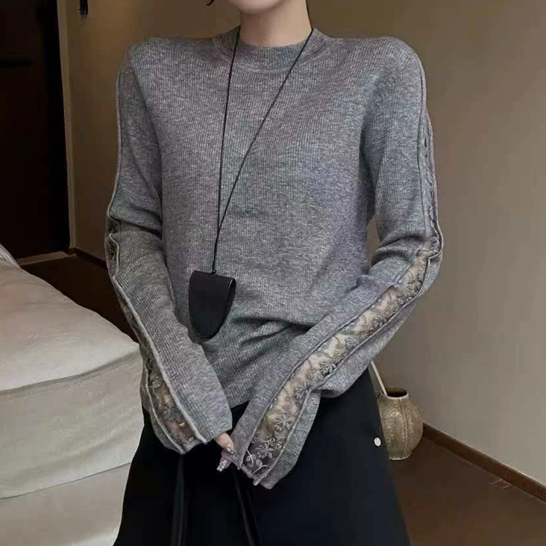 欧货镂空钩花蕾丝羊毛针织衫女秋装新款女装打底小衫潮4187
