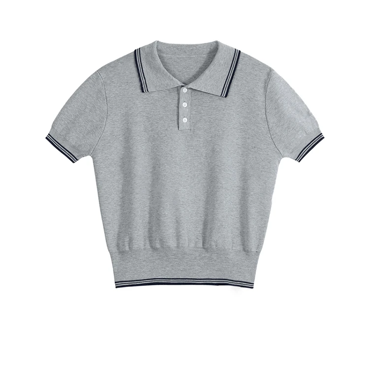 韩版百搭撞色Polo领短袖针织衫女夏季小众洋气收腰显瘦正肩上衣薄