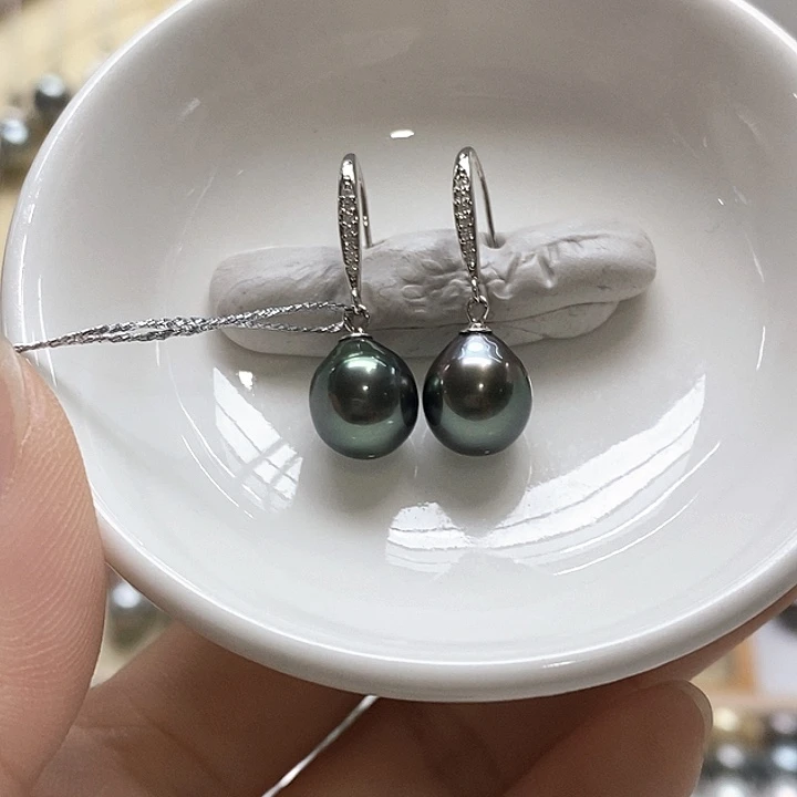 银S925镶嵌海水珍珠耳饰大溪地9-10mm