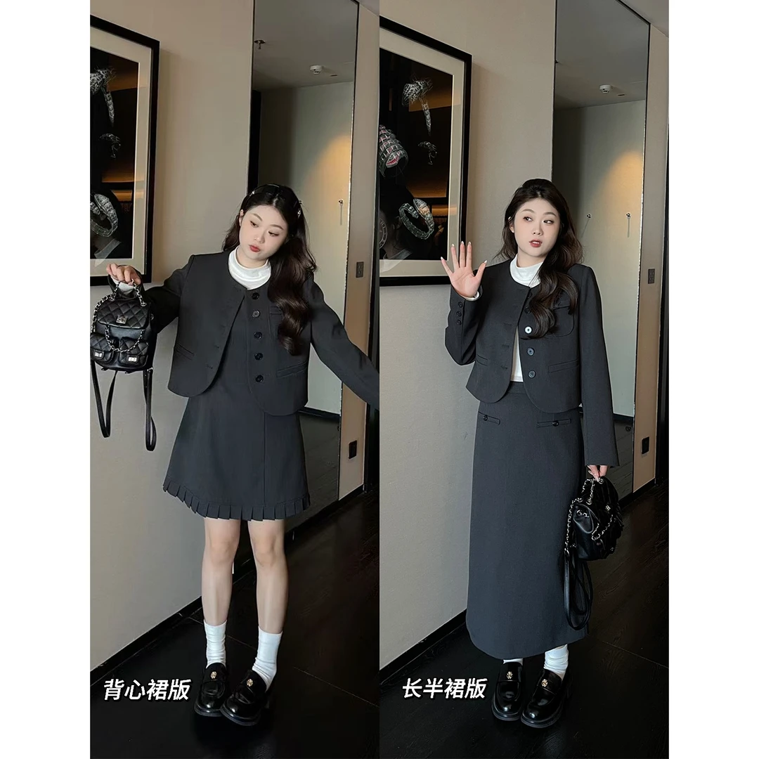 裂渡宣宣【格雷女孩】微胖大码女miu系外套+半身裙三件套装ZY507F36
