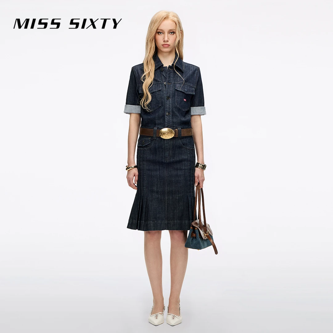 Miss Sixty2026春季新款牛仔连衣裙女翻领复古原色撞钉工装鱼尾裙