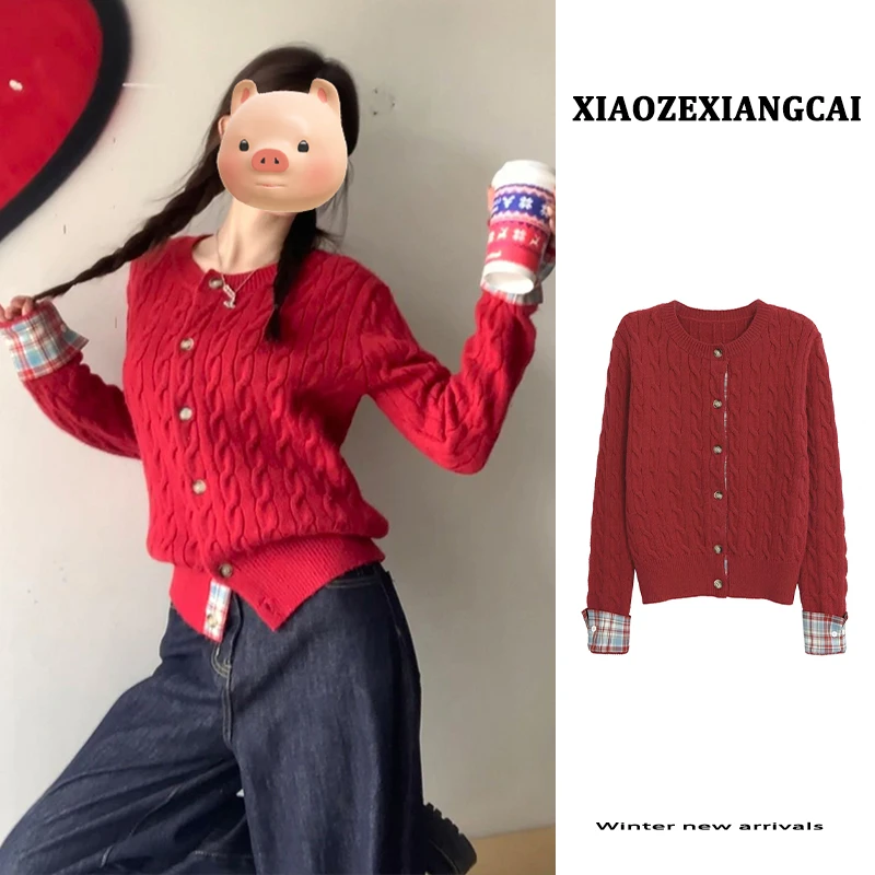 新年过年战袍格子拼接红色麻花毛衣开衫女秋冬慵懒风针织外套上衣