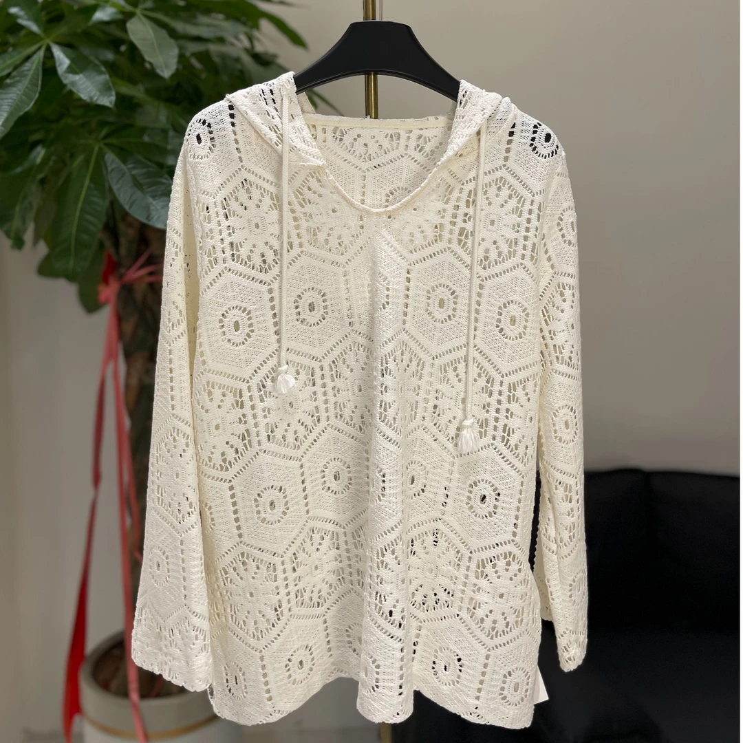 防晒长袖镂空常规款INS风连帽T恤薄款女士针织外搭5889