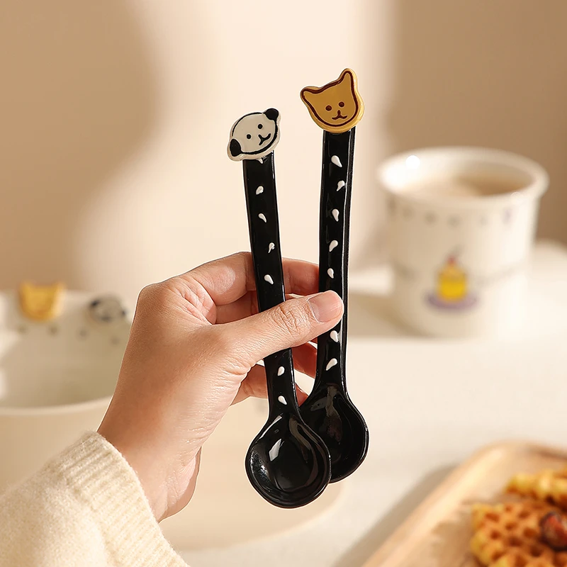 创意纽扣小狗陶瓷勺子长柄高颜值咖啡搅拌棒搅拌勺个人专用酸奶勺