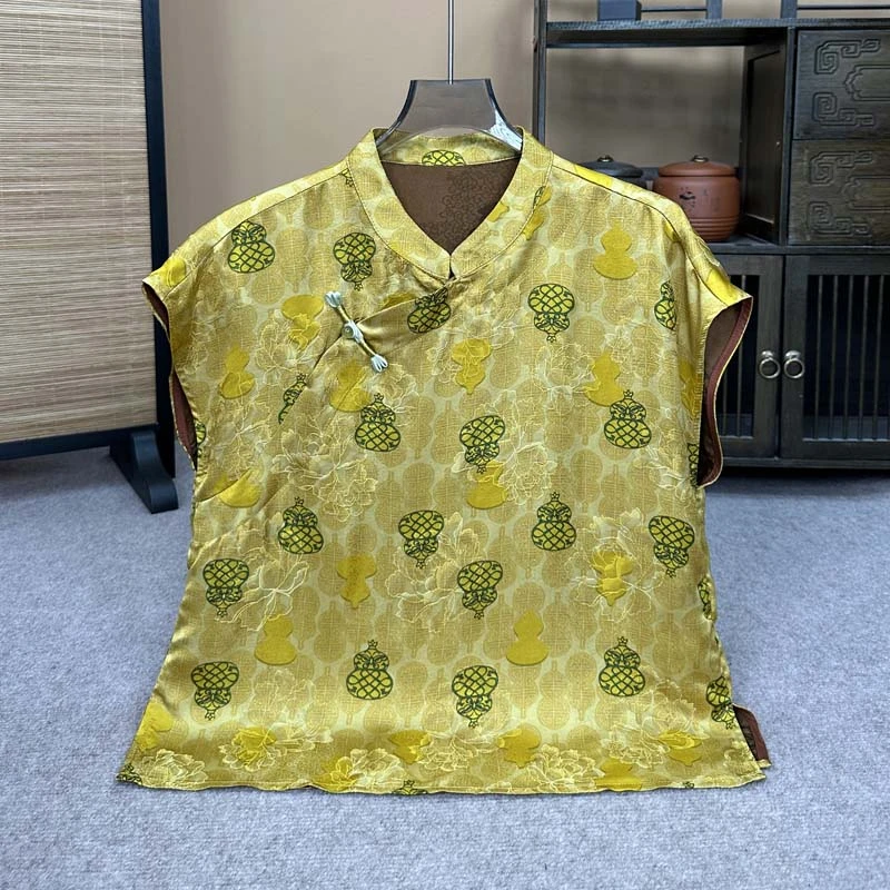 1306双面提花黄色常规款薄款上衣短袖夏季复古