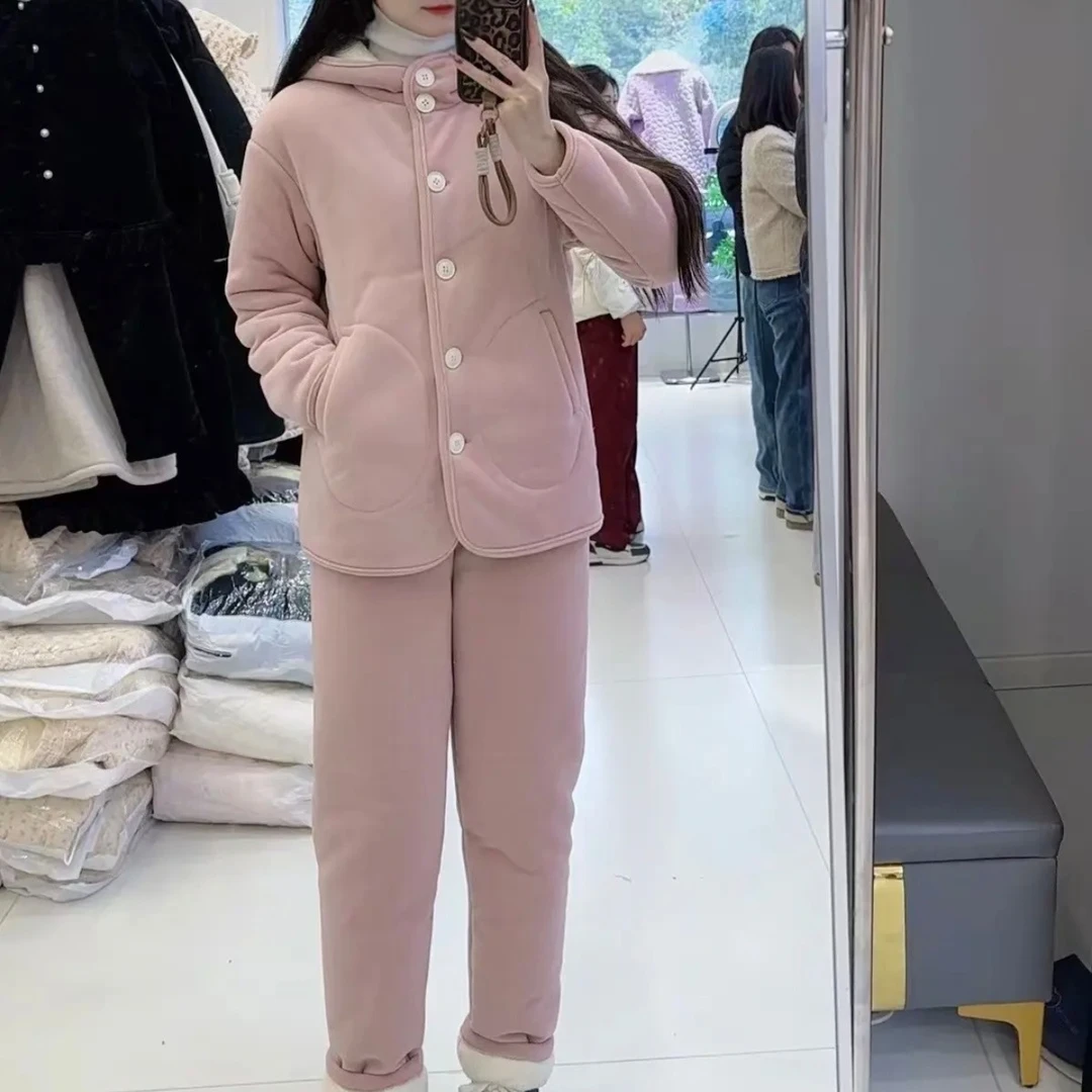 三层加厚奥粒绒连帽三色可外穿睡衣家居服套装