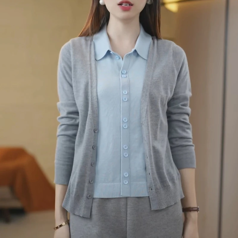 劲积服饰直播间同款秋季假两件POLO领保暖舒适透气针织上衣开衫