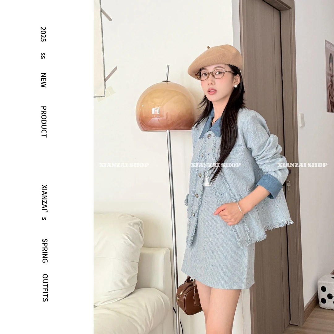 XIANZAI【青花瓷蓝】秋冬反季名媛时尚牛仔拼接小香风拉毛短裙套装