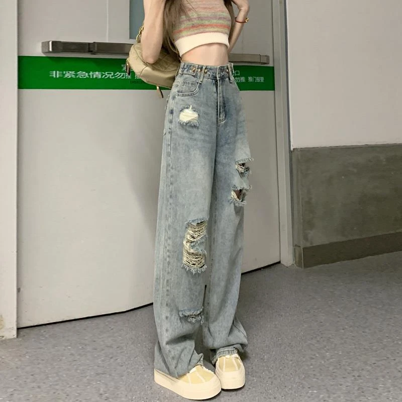 夏季薄款破洞阔腿裤女2025新款小个子梨型身材裤子显高直筒牛仔裤