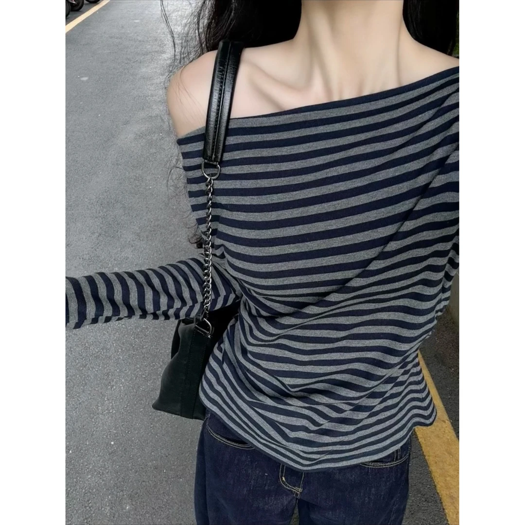 美式辣妹修身条纹露锁骨长袖t恤高级感时尚斜肩打底衫上衣女春秋