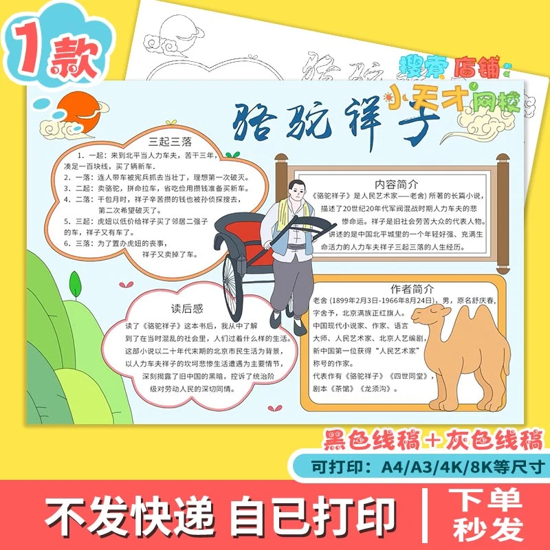 骆驼祥子手抄报读后感好书推荐读书阅读小报黑白线稿读书卡e156