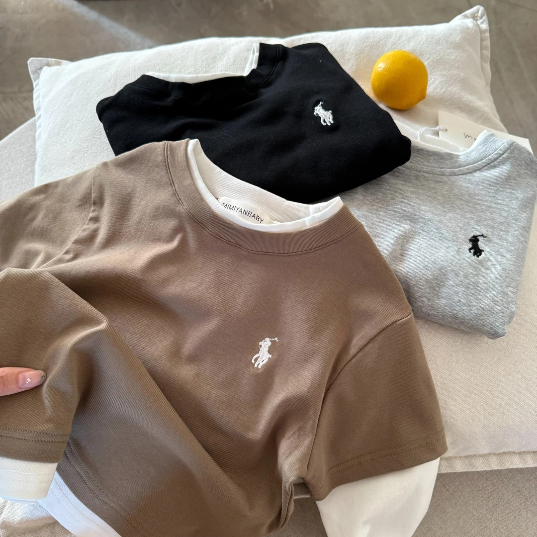 秋男童日系纯棉假两件T儿童长袖T恤春宝宝小童洋气打底衫大童上衣