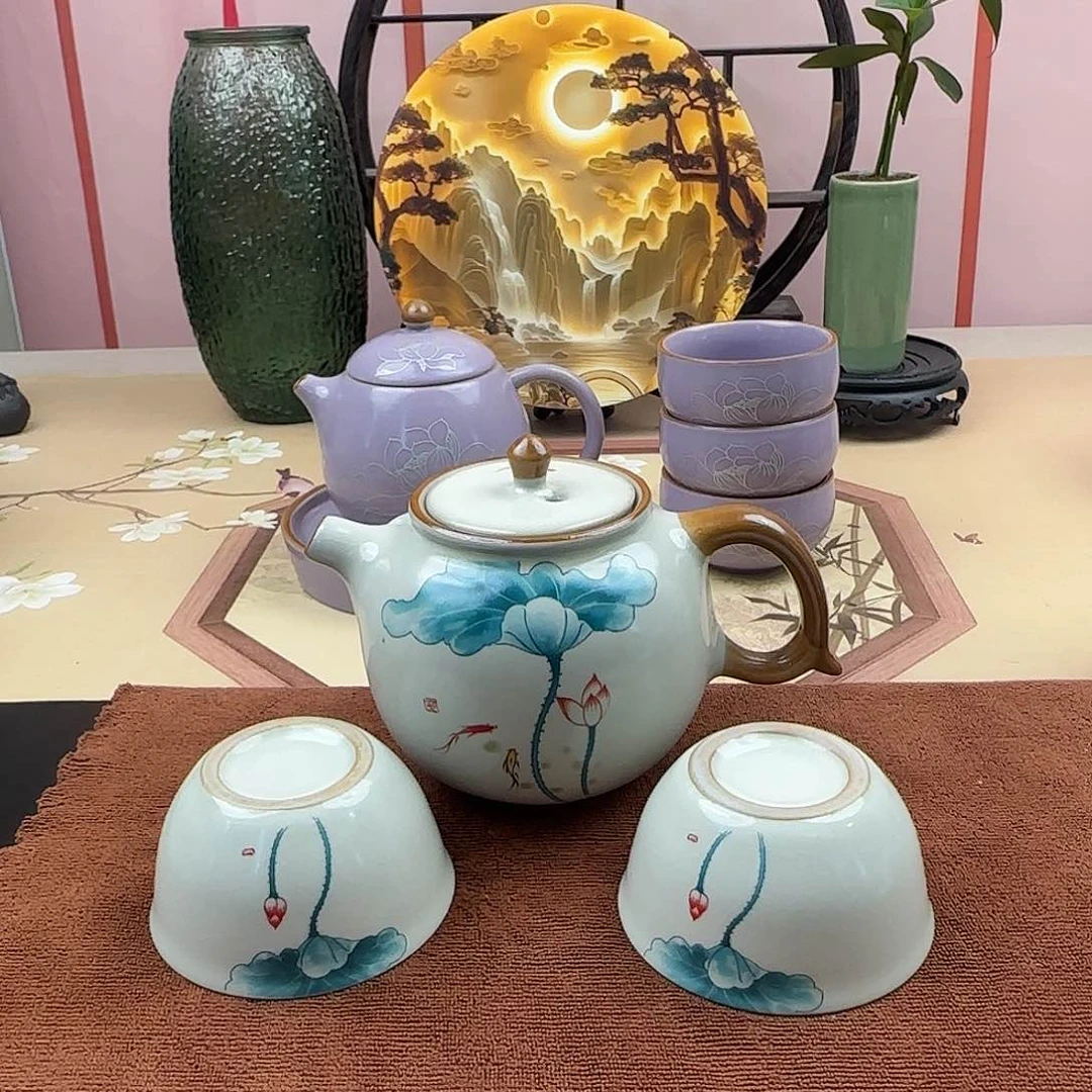 汝窑开片荷花一壶两杯