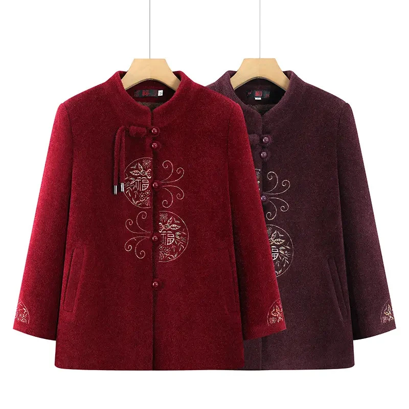 中老年女装毛呢外套冬季加绒加厚奶奶装老年人衣服女春秋妈妈上衣
