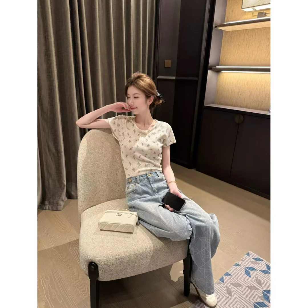 【Cikky定制】法式U领正肩蕾丝花边碎花短袖T恤夏季新款修身长裤