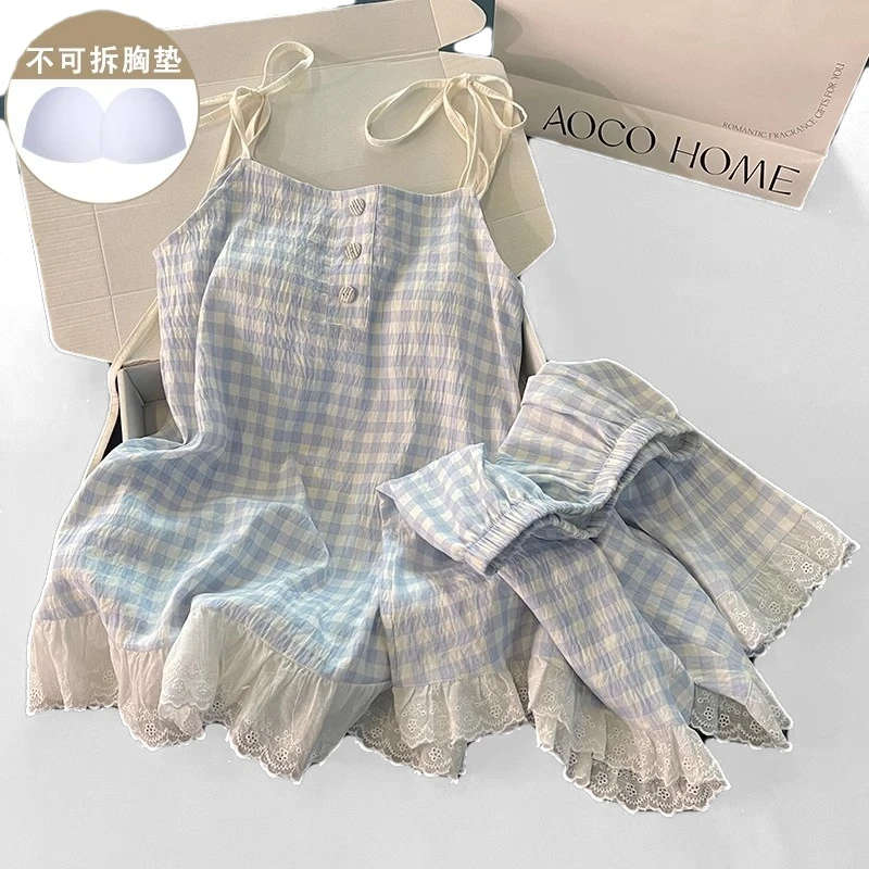 网红睡衣女款夏季带胸垫吊带短裤纯欲风格子学生夏天棉家居服套装