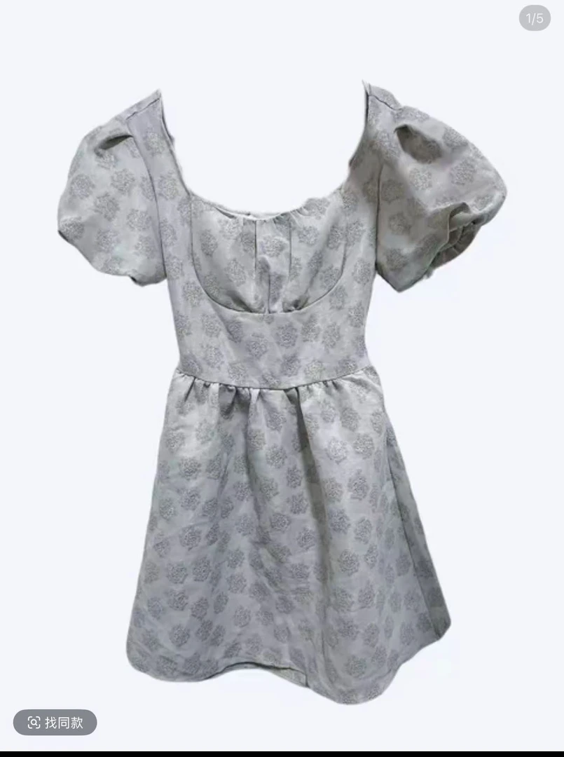 中长裙泡泡袖女装连衣裙方领时尚设计师提花套头