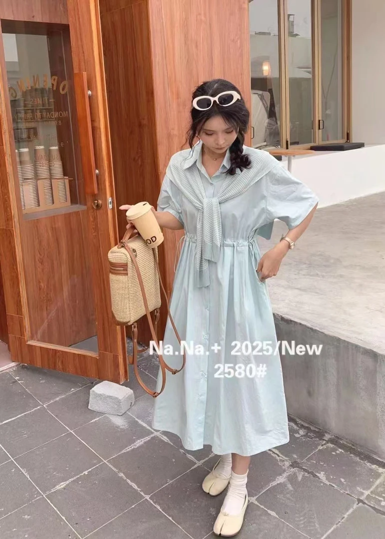 夏季短袖纯色衬衫领收腰显瘦简约风长裙连衣裙带披肩