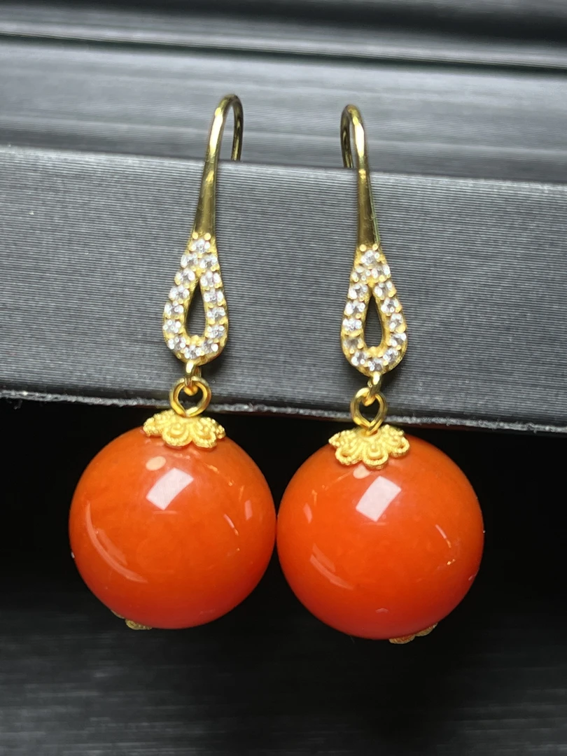 云南天然 保山 红玛瑙 满色满肉 耳钩14mm亮光