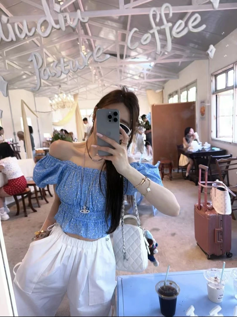 张漂亮 韩代定制露肩碎花波点上衣碎花一字领露肩衬衫T恤雪纺衫