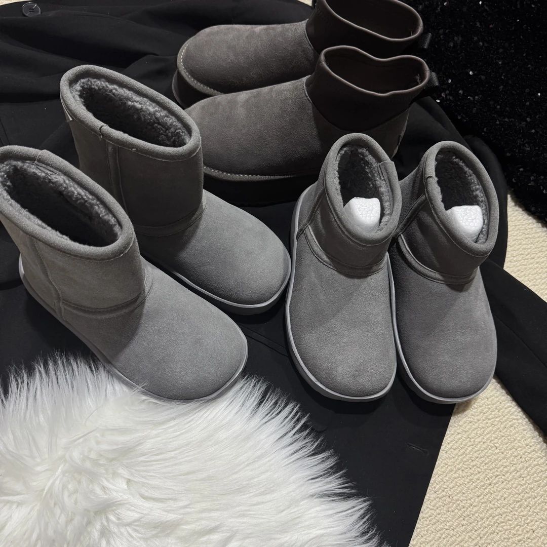 格蕾系灰色雪地靴女2024冬季时尚保暖牛皮短筒高级感牛皮短靴