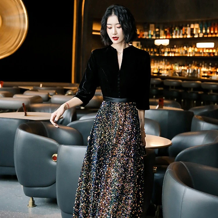 晚礼服2025新款女秋冬主持人宴会高贵轻奢小众高端艺考声乐连衣裙