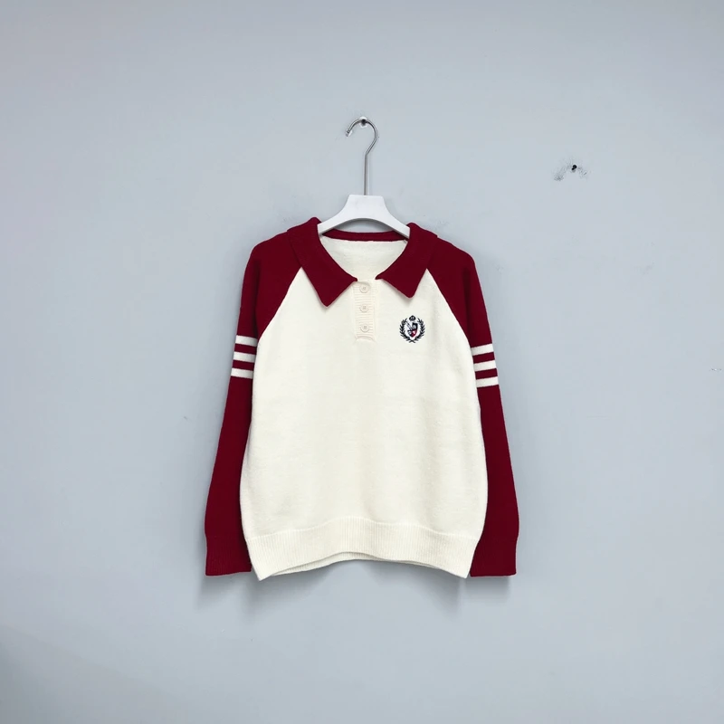 152春季女士毛衣 针织撞色翻领长袖学院风