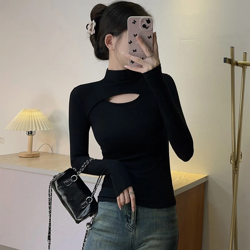 黑色修身女秋冬半高领内搭长袖镂空T恤新款设计感上衣长袖打底