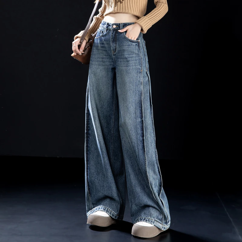 蓝色加绒直筒牛仔裤女2025裤子网红款美式女裤秋冬加厚高腰阔腿裤