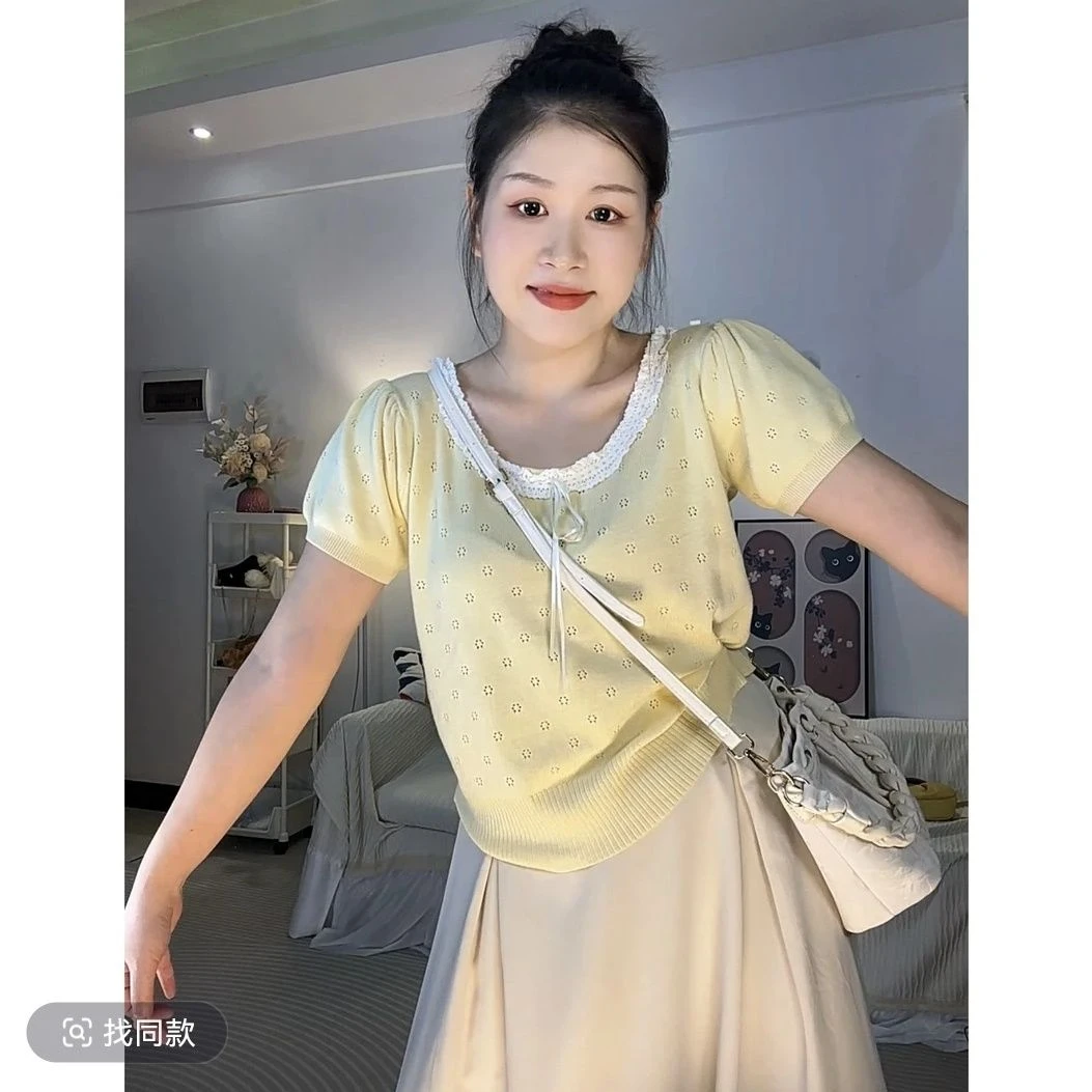 【质量超好】大码胖mm夏季短袖镂空蝴蝶结T恤女装甜美冰丝打底衫