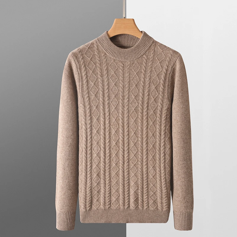 高端男士纯色麻花小半高领秋冬款羊毛衫时尚百搭休闲套头针织衫