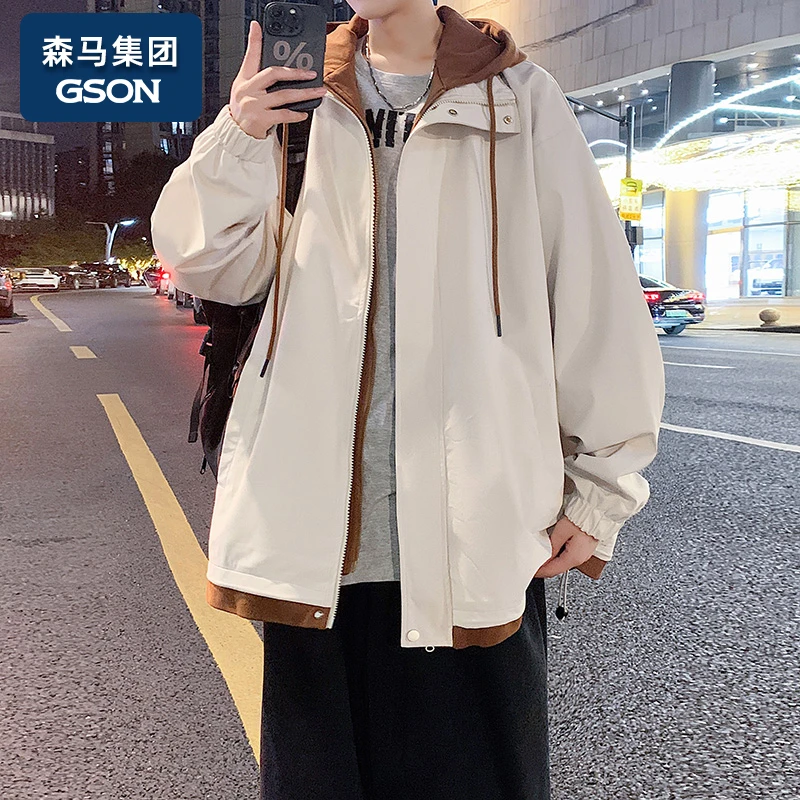 集团品牌GSON冲锋衣外套男春秋潮牌工装假两件连帽休闲夹克男