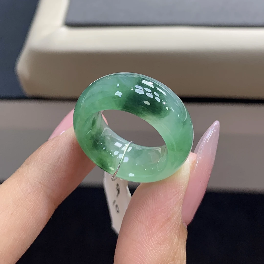 9-10号圈口 缅甸天然翡翠 轮胎飘绿花翡翠戒圈尺寸15.4-9.3-4.5mm