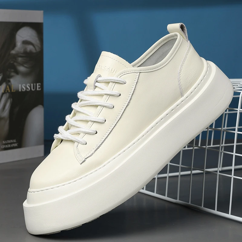 路易圣戈希时尚休闲男鞋潮流小白鞋厚底轻便男士百搭皮面板鞋舒适
