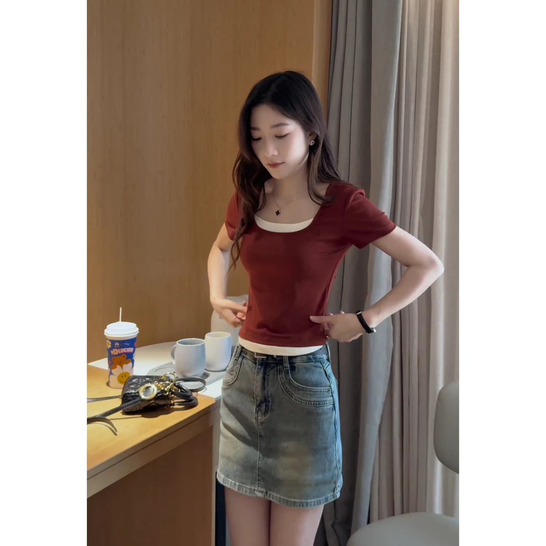 假两件U领短袖T恤女2025夏季气质小个子修身显瘦上衣+高腰牛仔裙
