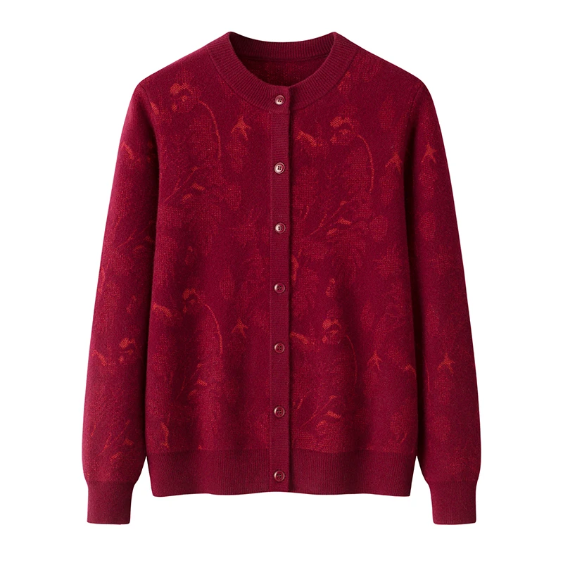 秋冬新款纯羊毛衫女圆领针织开衫春秋款提花宽松加厚外套绒衫长袖