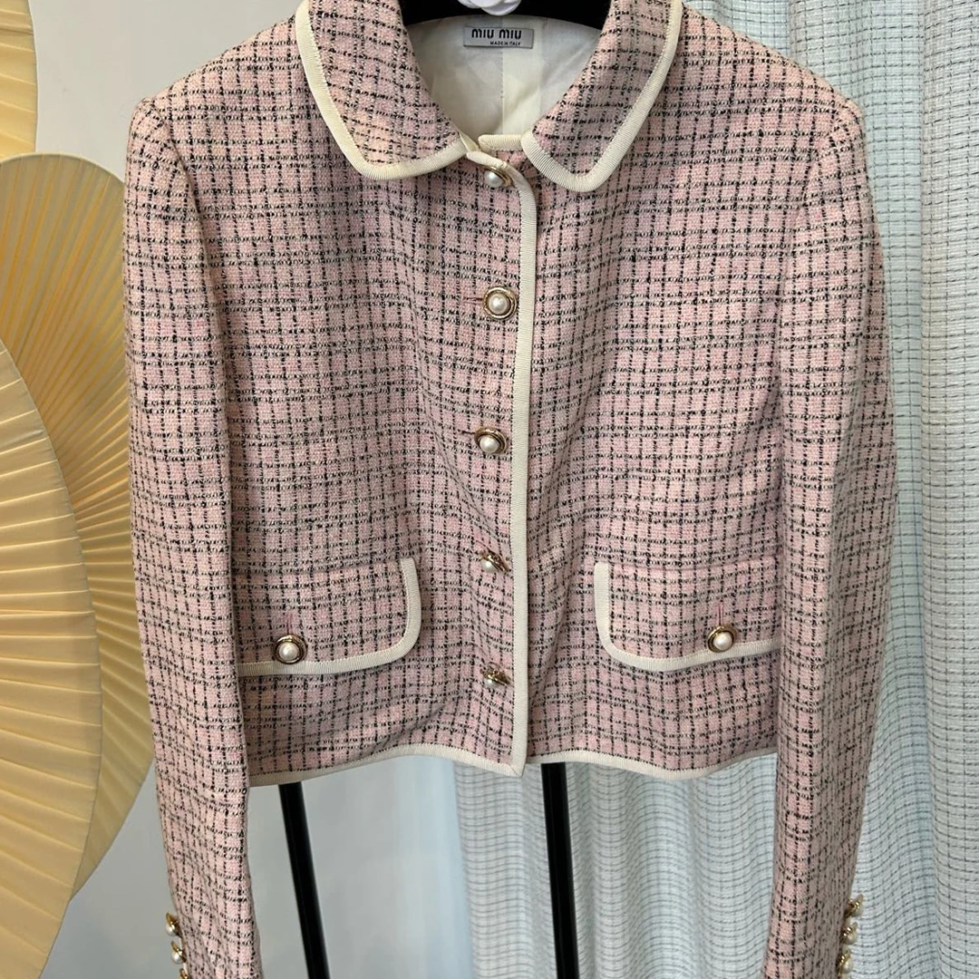 99新 MIU MIU/缪缪 Miumiu缪缪粉色花呢外套34码