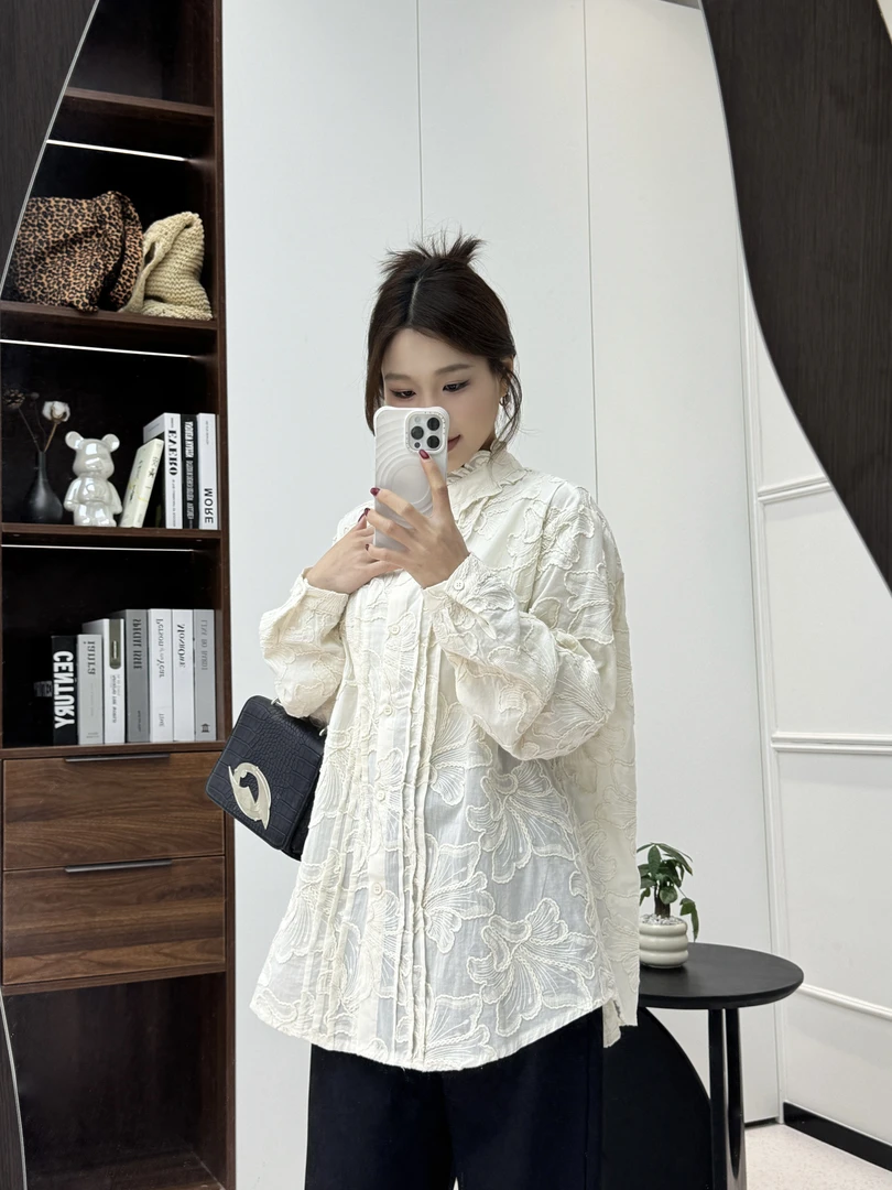 （HUAISHU）2025设计感绳绣钩花长袖衬衫中长款遮屁股上衣气质外搭