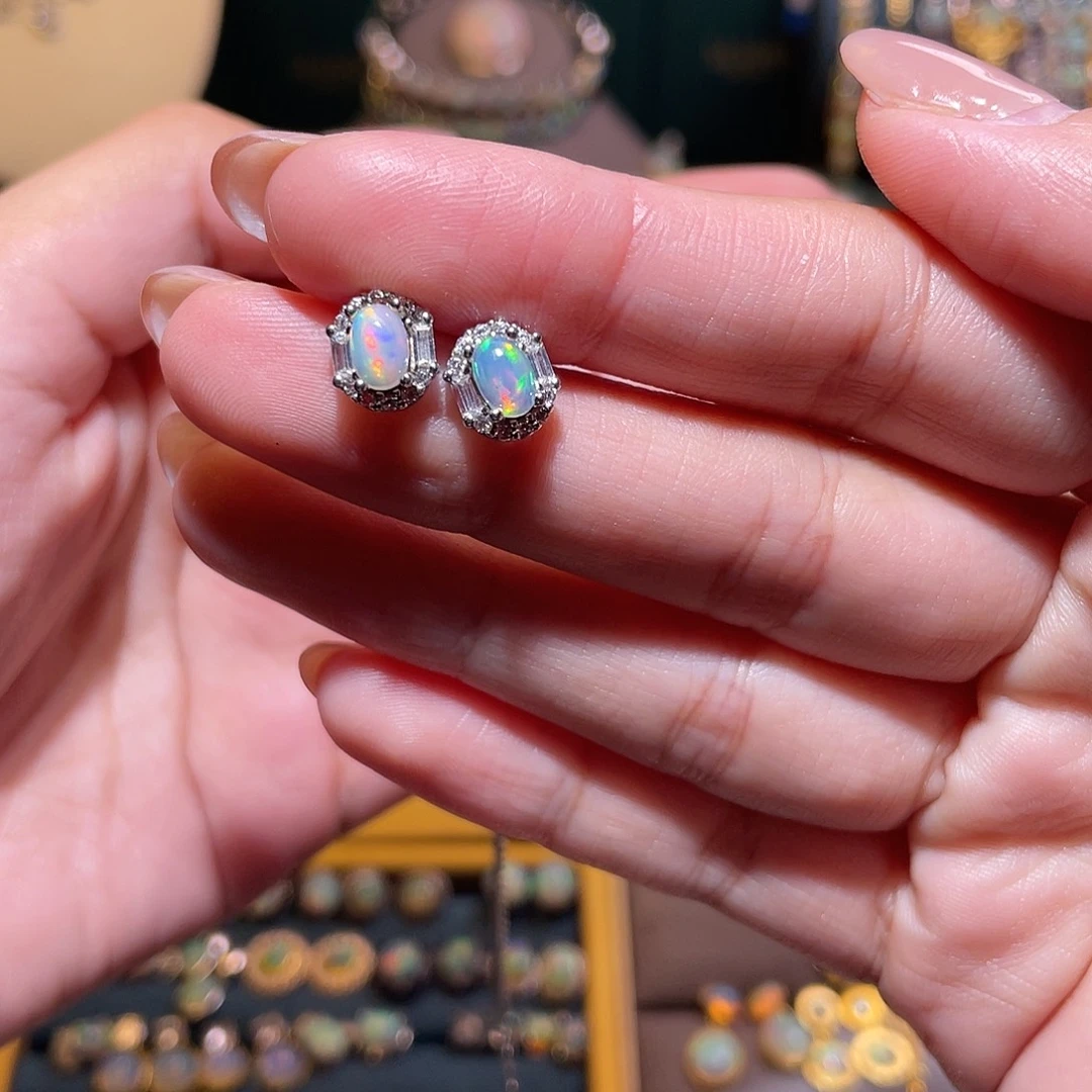 银S925镶嵌欧泊耳钉）?***?