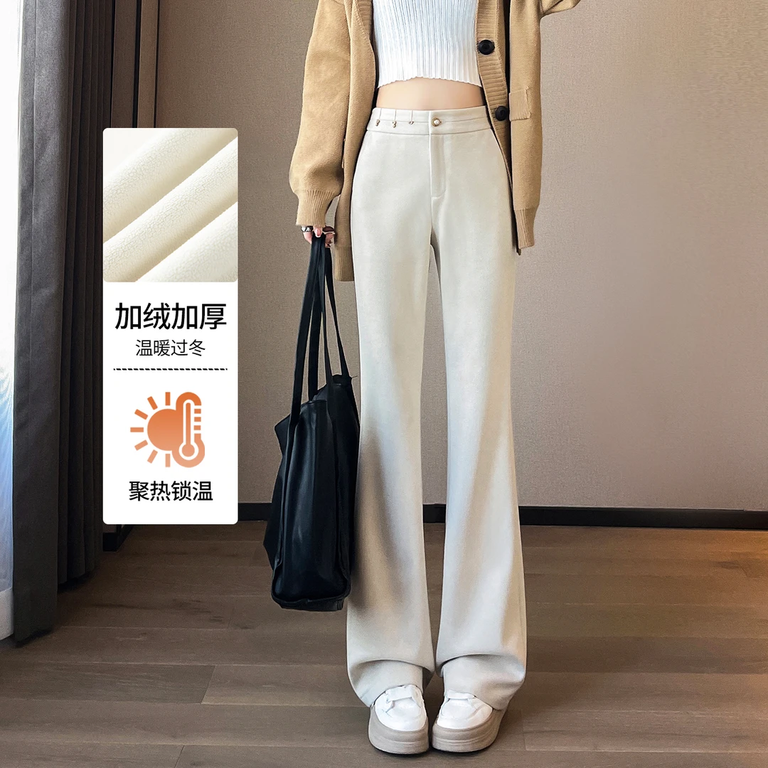 微喇毛呢阔腿裤加绒裤子女2025新款冬爆款时尚气质加厚直筒喇叭裤