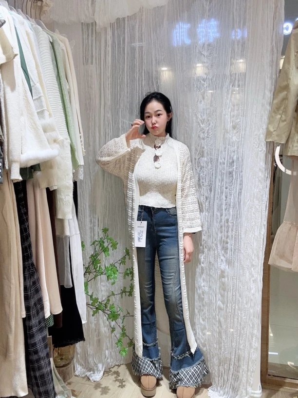 【金妮家小香风】针织背心白色针织开衫牛仔裤