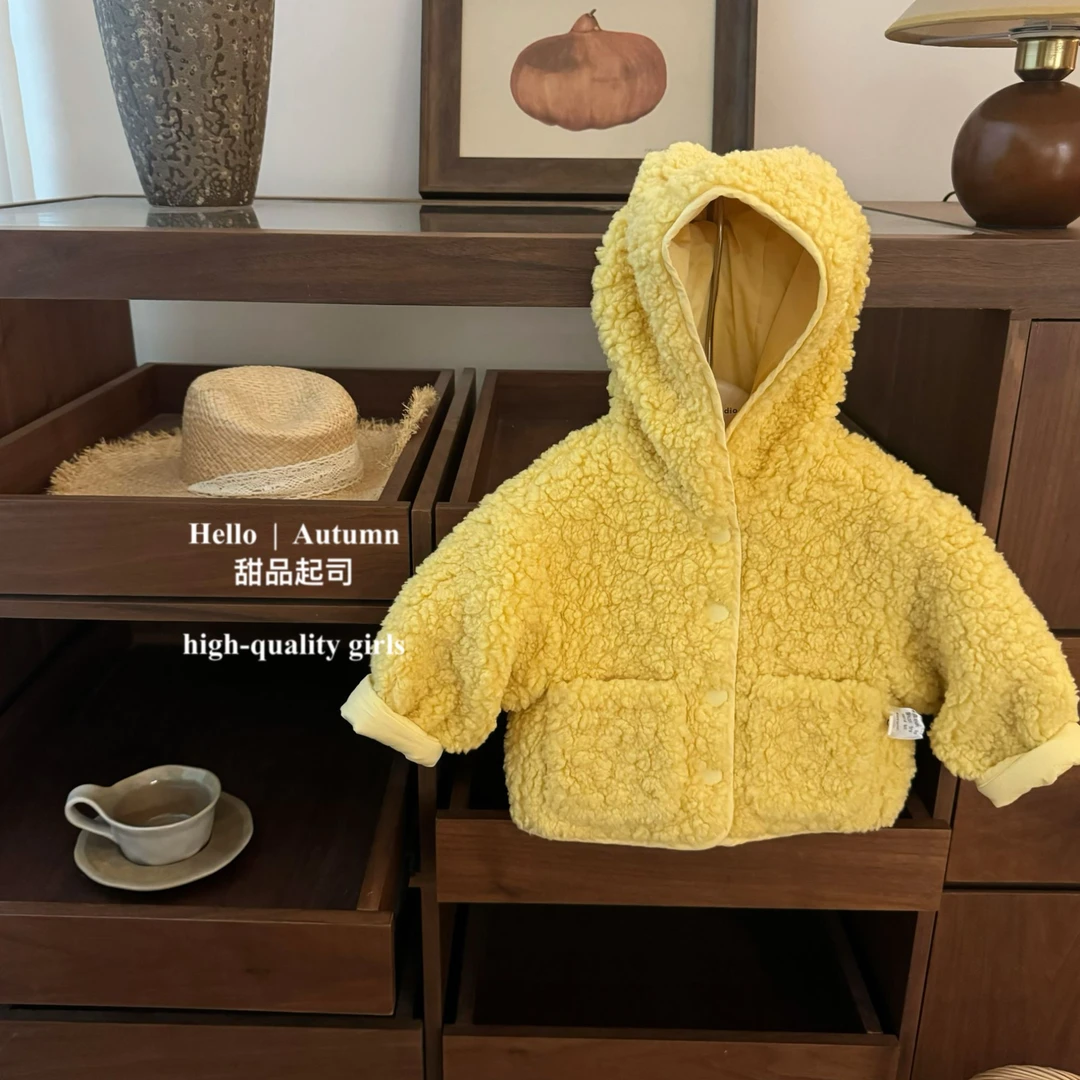 【甜品起司】双面穿！韩系男女宝宝巨显白小鸡黄连帽洋气棉服外套