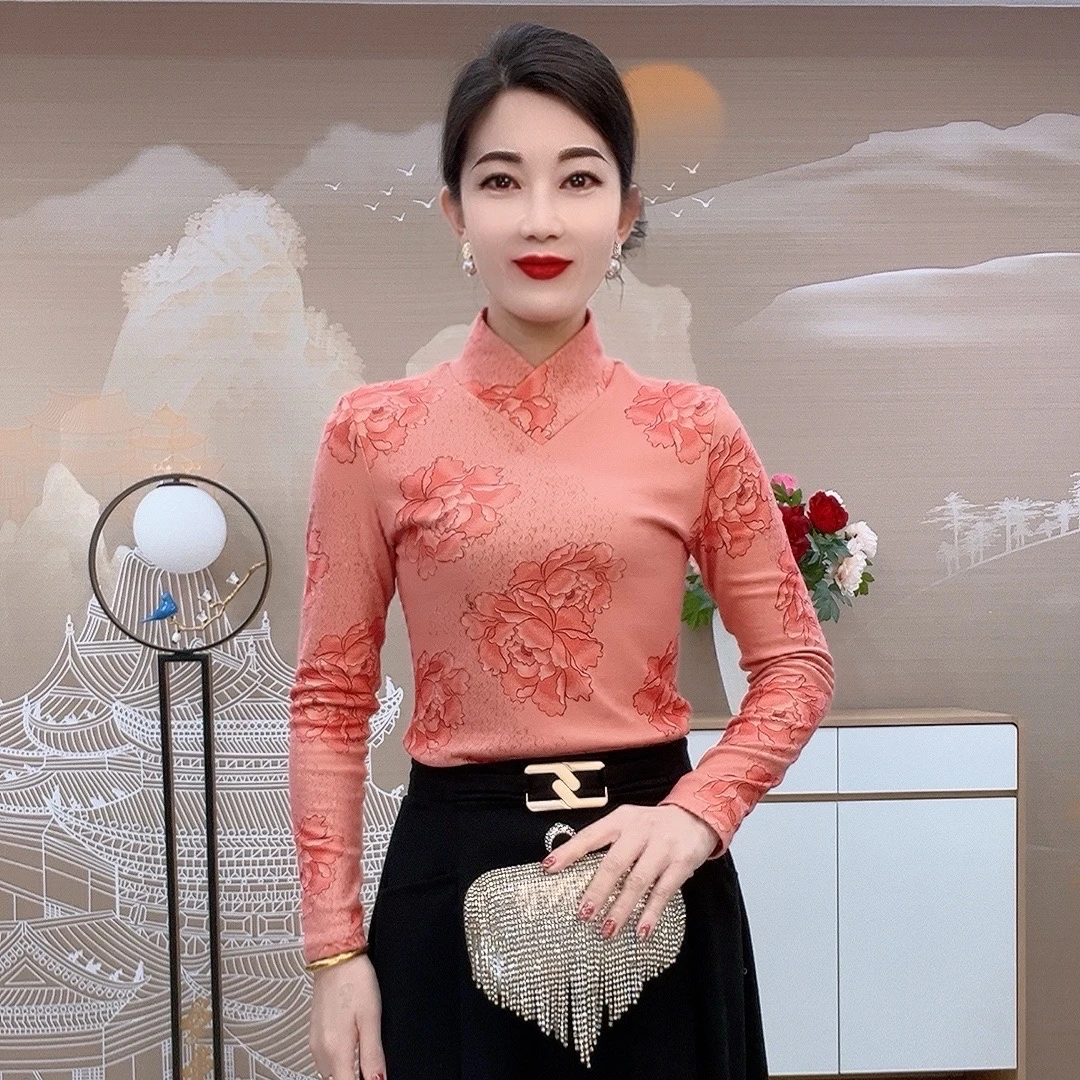 2901国韵牡丹秋冬时尚加绒长袖打底衫气质显瘦内搭洋气百搭上衣
