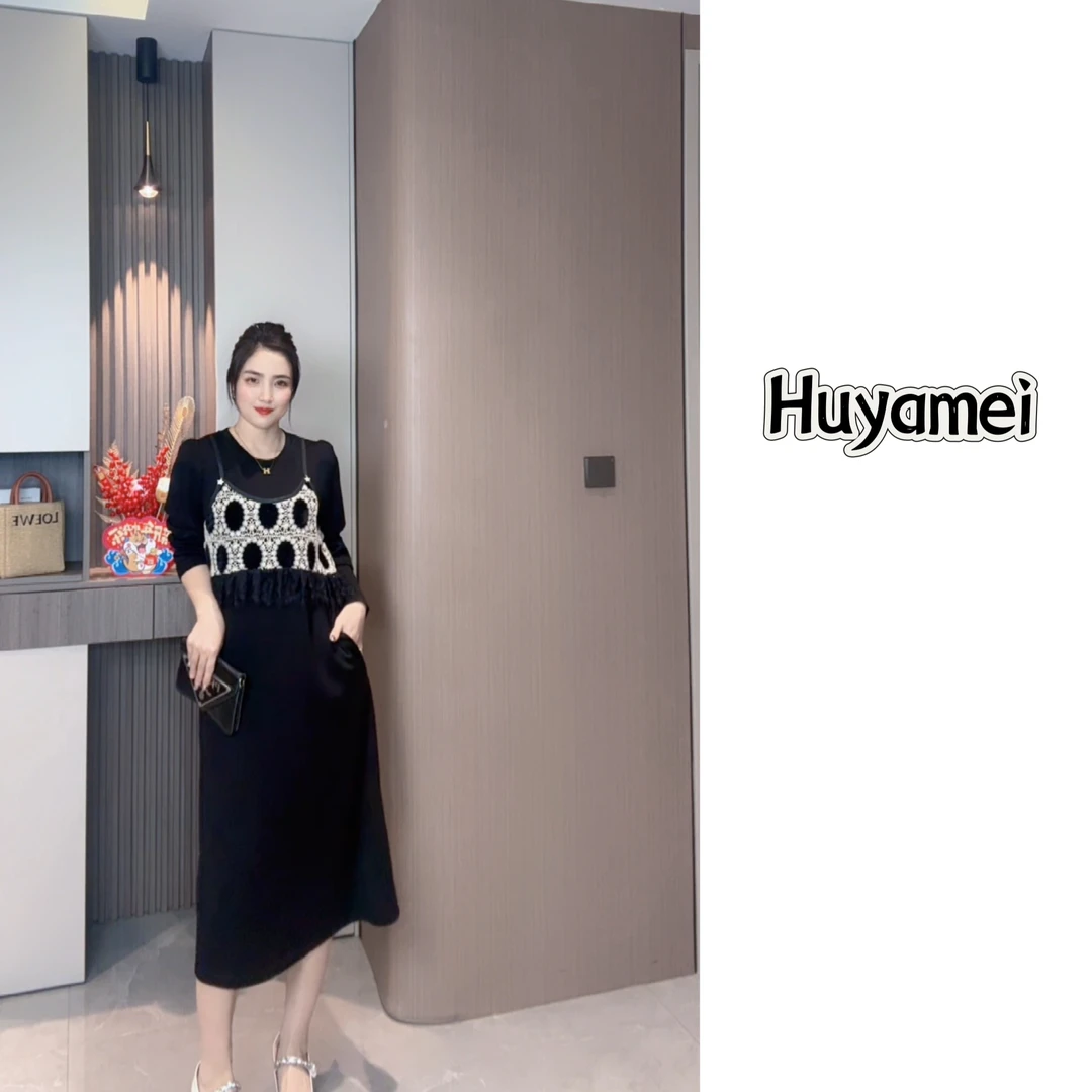 春季新款遮肉显瘦假两件轻奢风时尚洋气连衣裙大码拼接裙