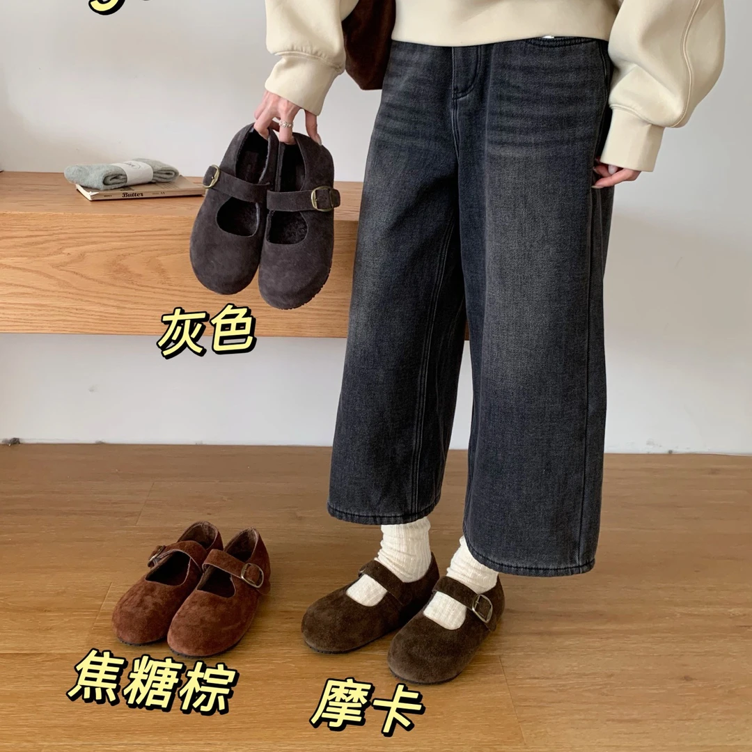 965-9 加绒勃肯鞋搭扣单鞋女秋季新款韩版软底浅口平底鞋豆豆鞋