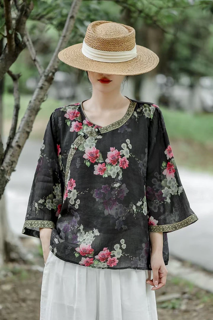 夏季印花衬衫斜襟刺绣碎花复古民族风女宽松小衫吸汗