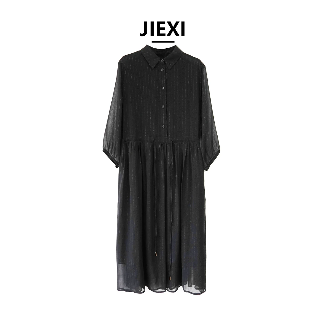 JEIXI定制时尚宽松大版轻奢百搭腰部抽绳七分袖显瘦连衣裙q668